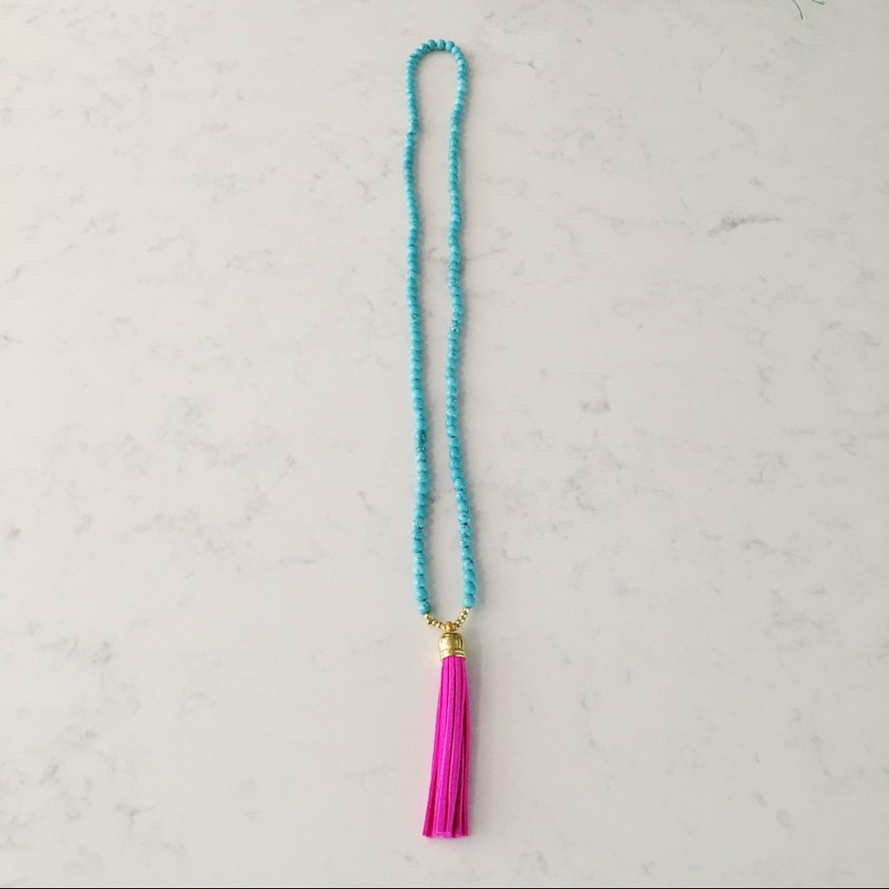 Tassel necklace in turquoise and hot pink
